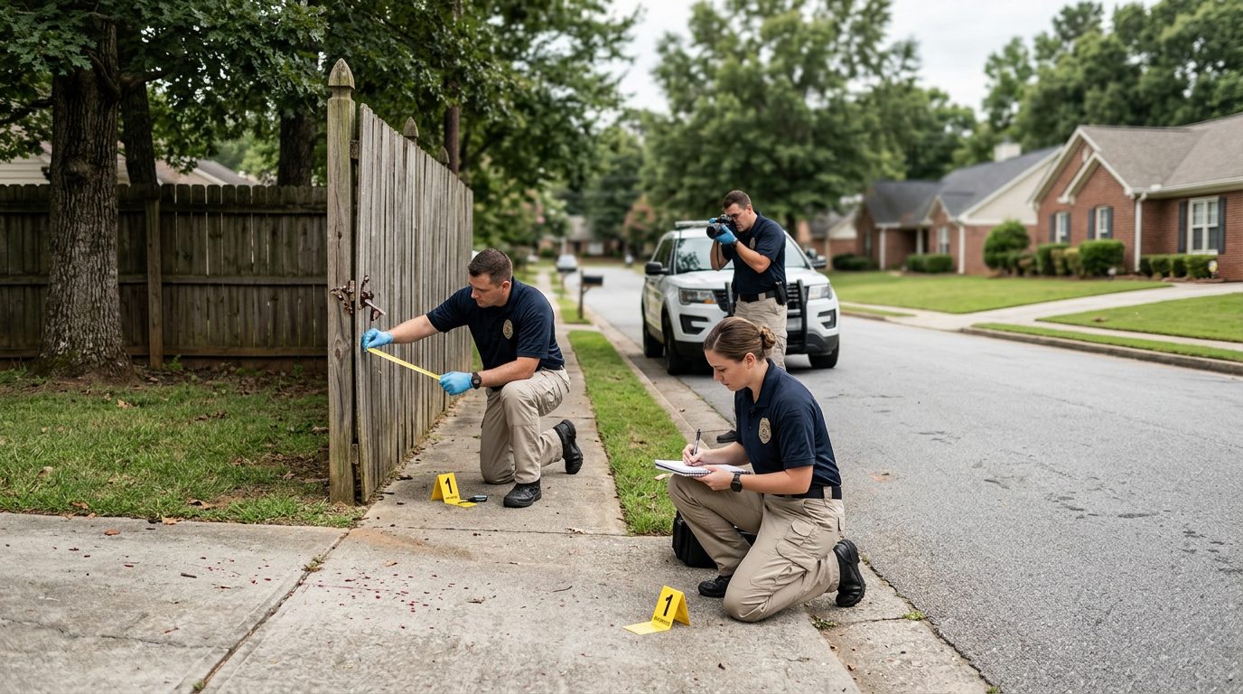 Investigators documenting a dog bite incident scene on a residential street with evidence markers and property details.