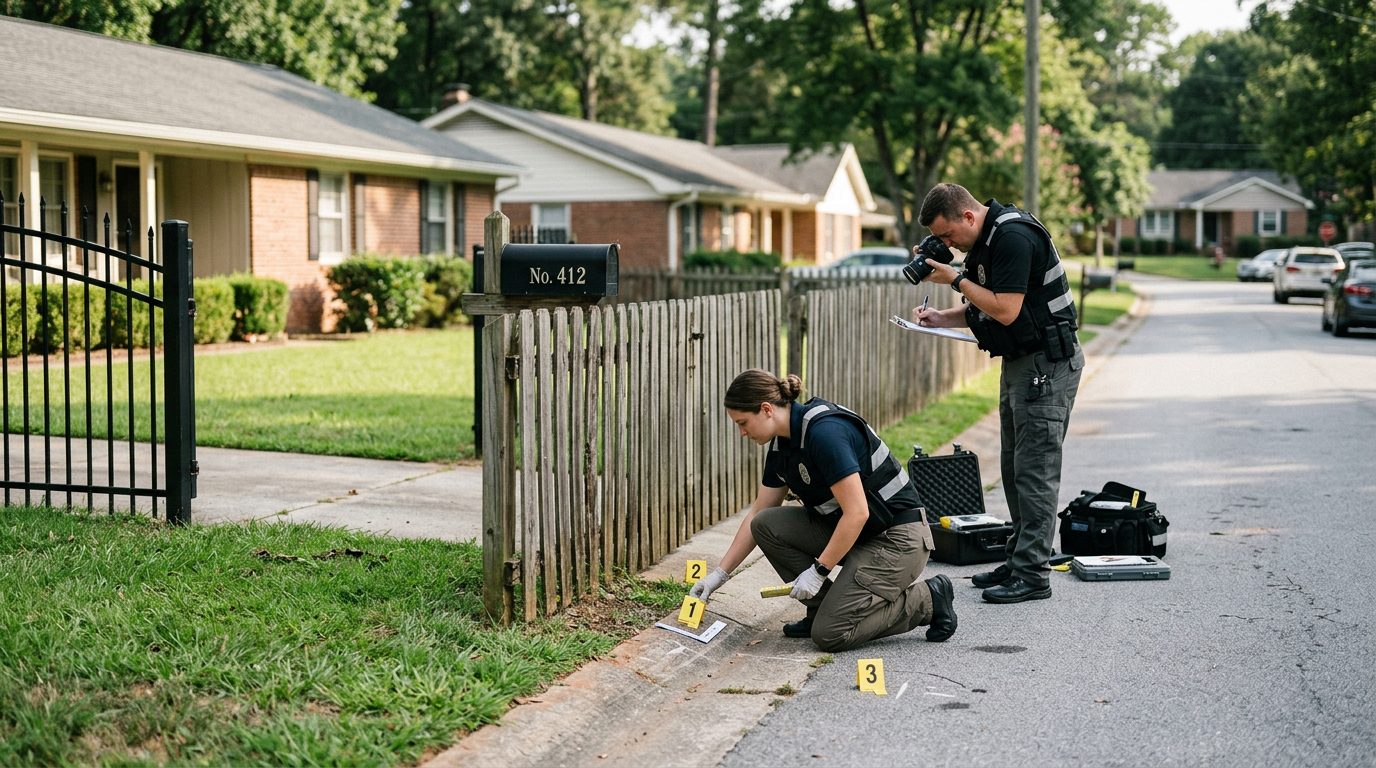 Investigators documenting a dog bite incident scene on a residential street with evidence markers and property details.