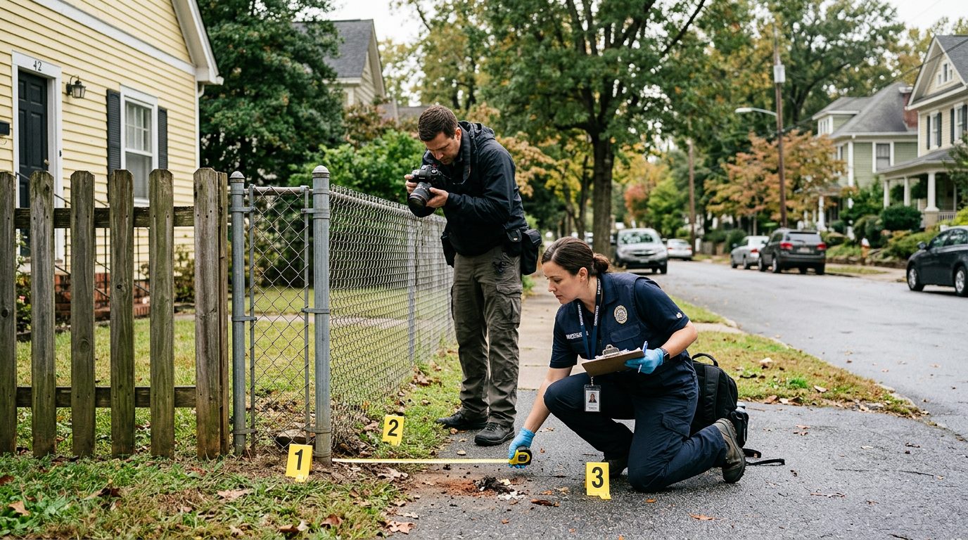 Investigators documenting a dog bite incident scene on a residential street with evidence markers and property details.
