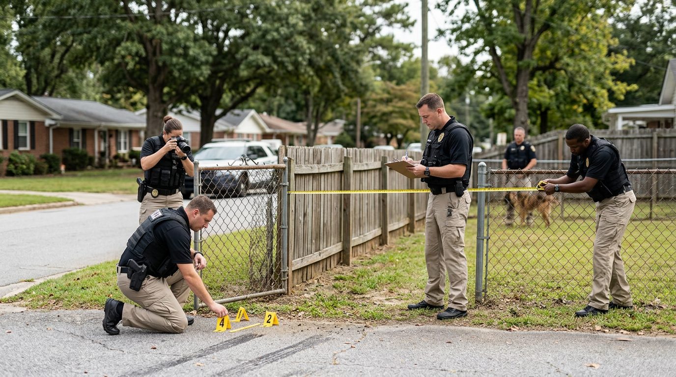 Investigators documenting a dog bite incident scene on a residential street with evidence markers and property details.