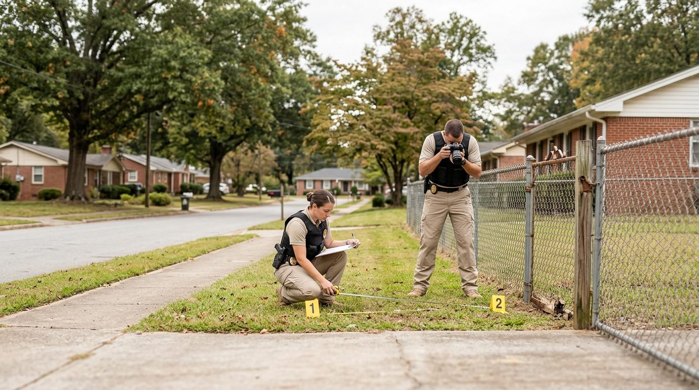 Investigators documenting a dog bite incident scene on a residential street with property and fencing details.