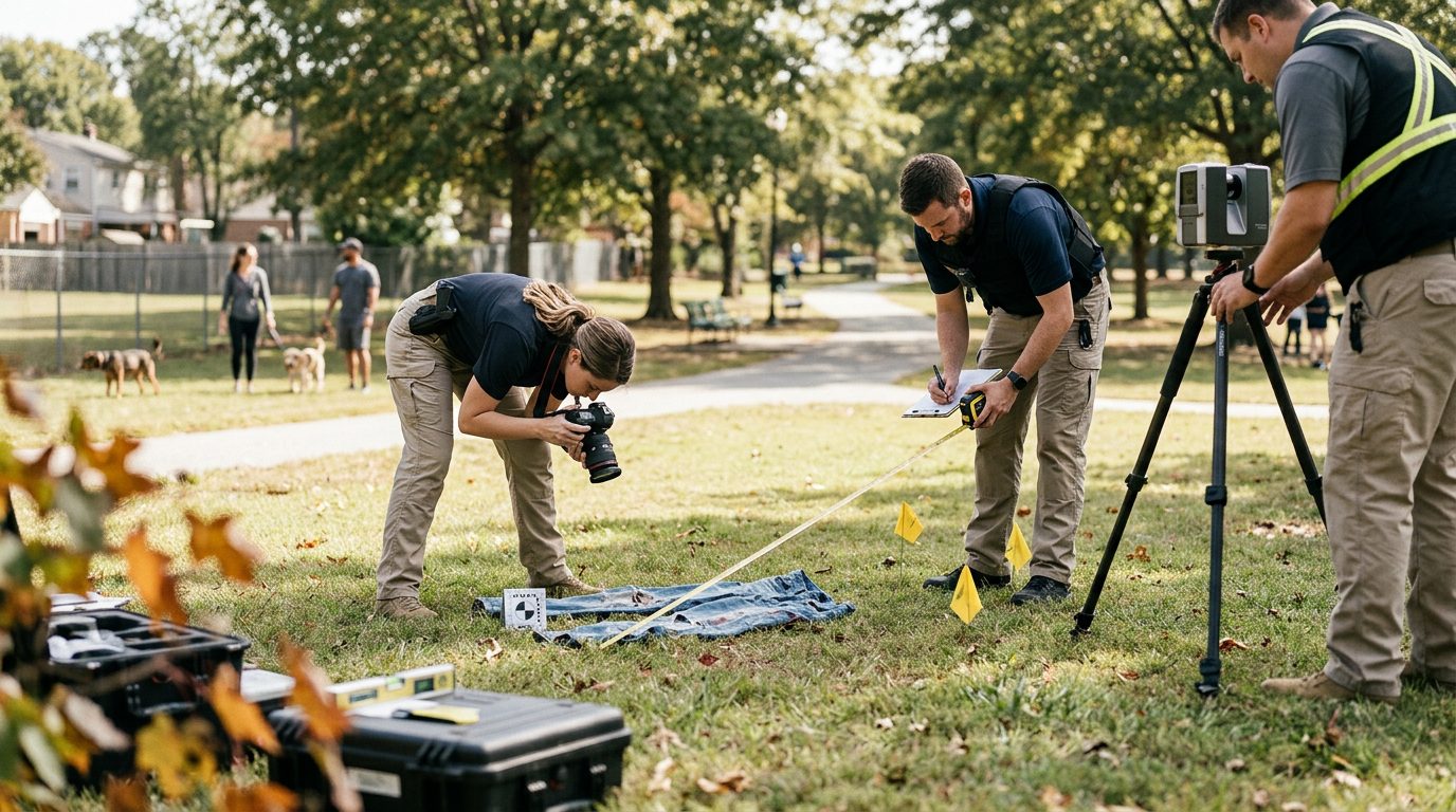 Investigators documenting dog bite evidence and scene measurements in a public park.