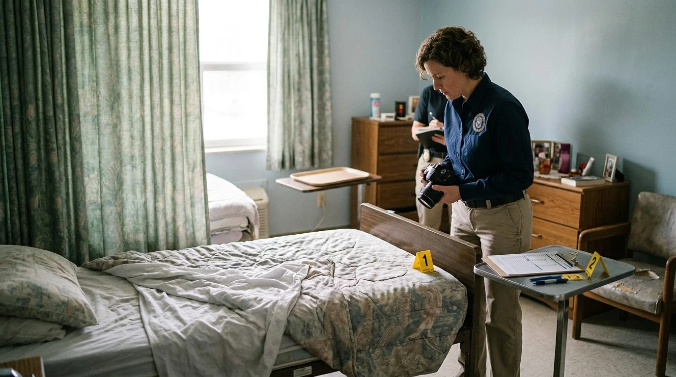 Investigators documenting neglect conditions in a nursing home resident room with evidence markers.