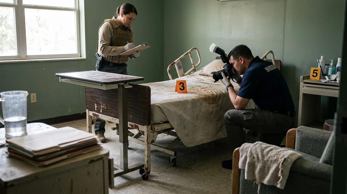 Investigators documenting neglect conditions in a nursing home resident room with evidence markers.