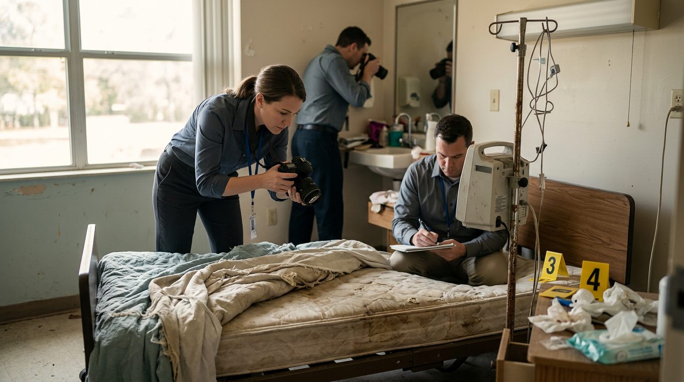 Investigators documenting neglect conditions in a nursing home resident room with evidence markers.