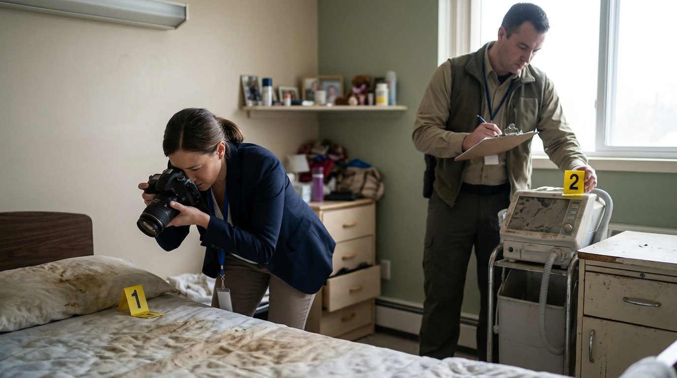 Investigators documenting neglect conditions in a nursing home room with evidence markers and photographs.