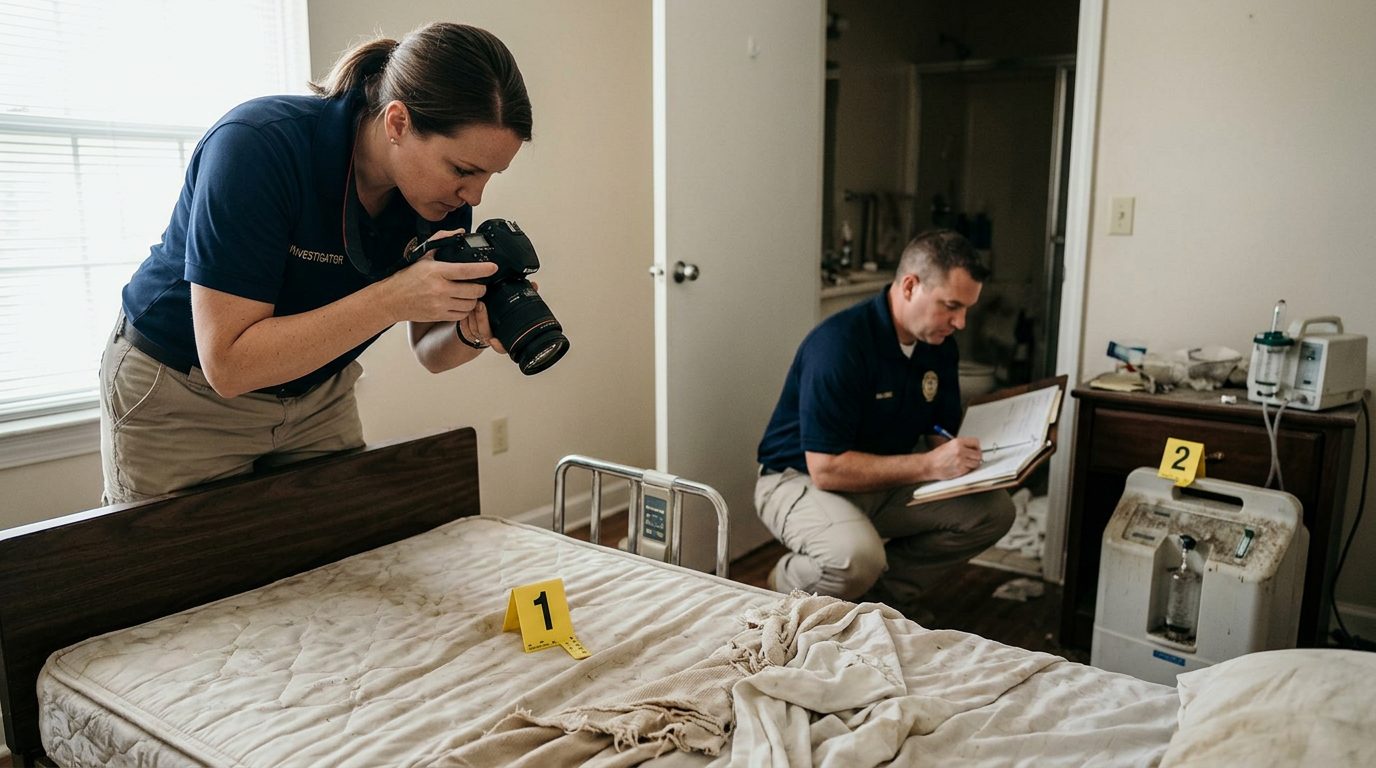 Investigators documenting neglect conditions in a nursing home resident room with evidence markers and photographs.