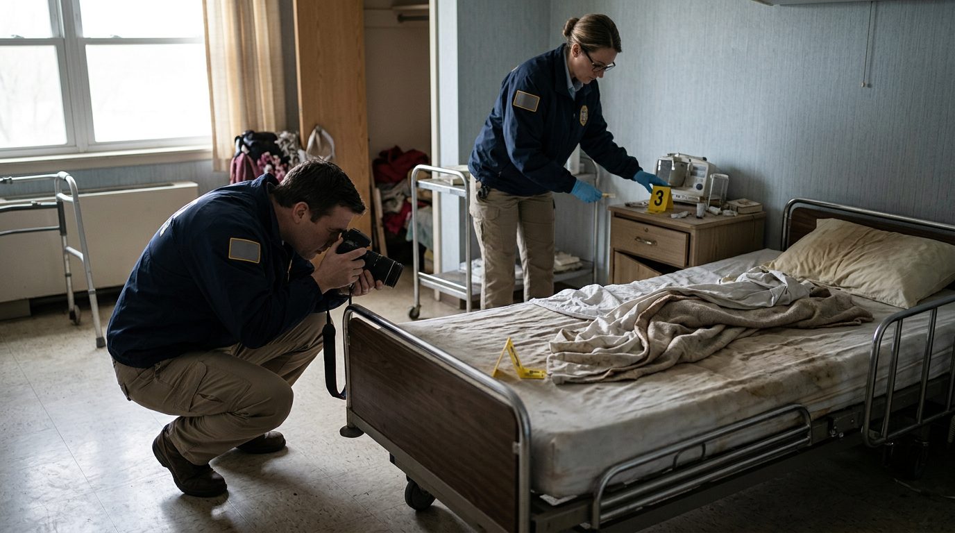 Investigators documenting neglect conditions in a nursing home resident room with evidence markers.