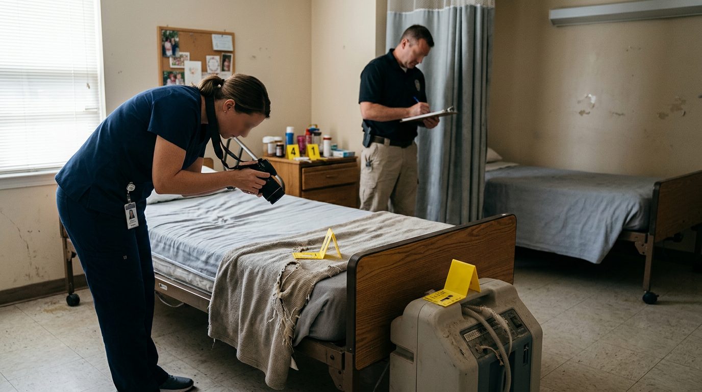 Investigators documenting neglect conditions in a nursing home resident room with evidence markers.