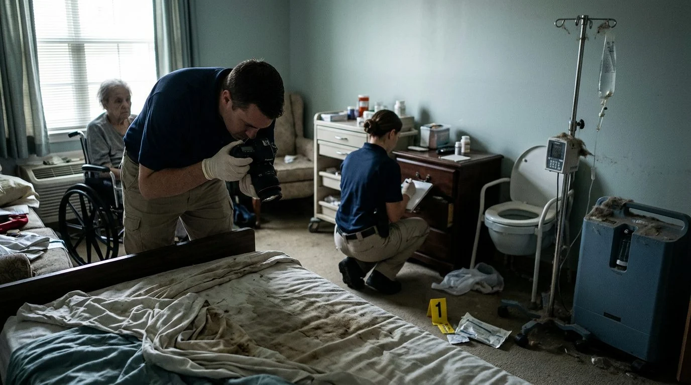 Investigators documenting neglect conditions in a nursing home resident room with evidence markers.
