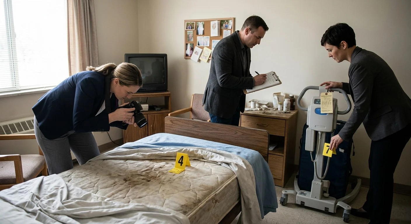 Investigators documenting neglect conditions in a nursing home resident room with evidence markers and photographs.