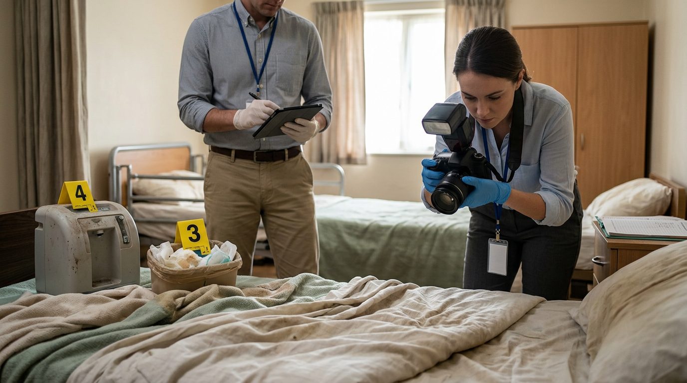 Investigators documenting neglect conditions in a nursing home resident room with evidence markers.