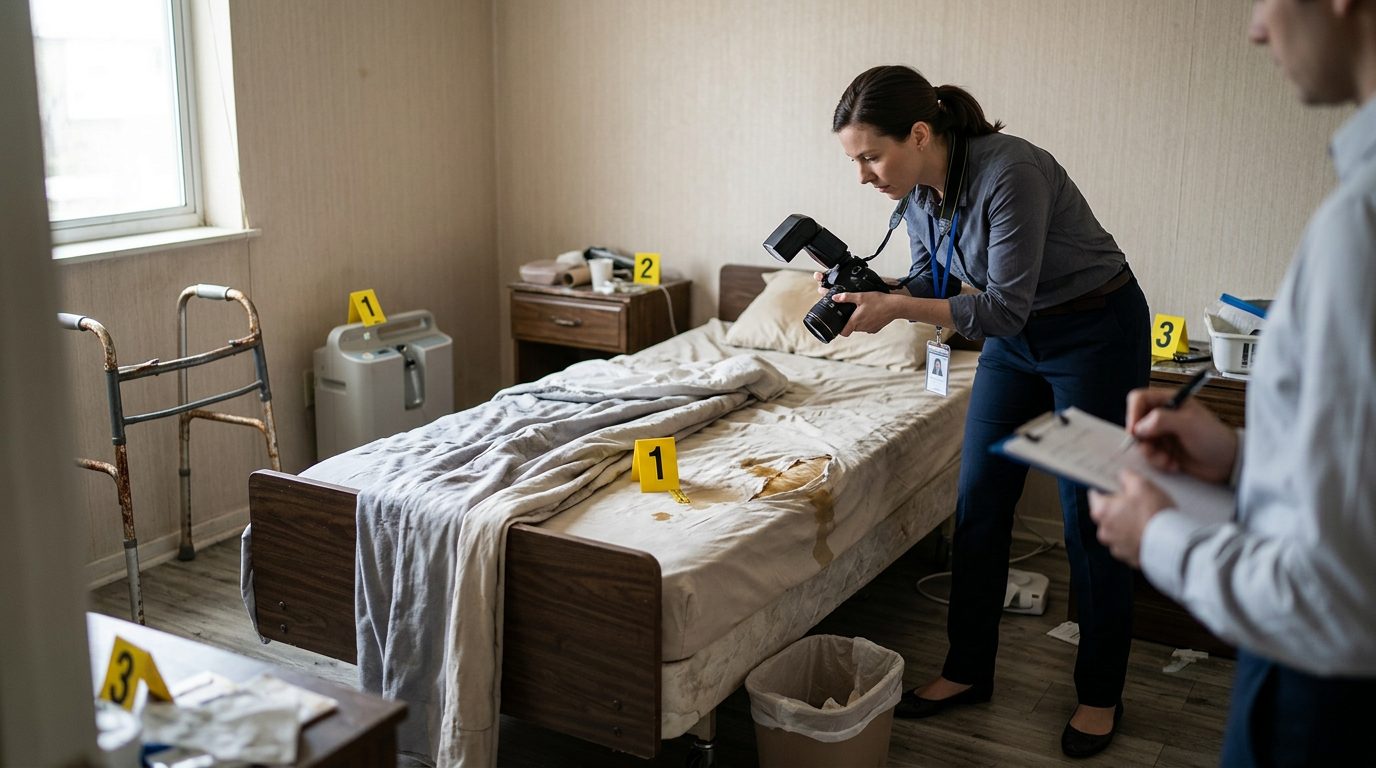 Investigators documenting neglect conditions in nursing home room with evidence markers and photographs.