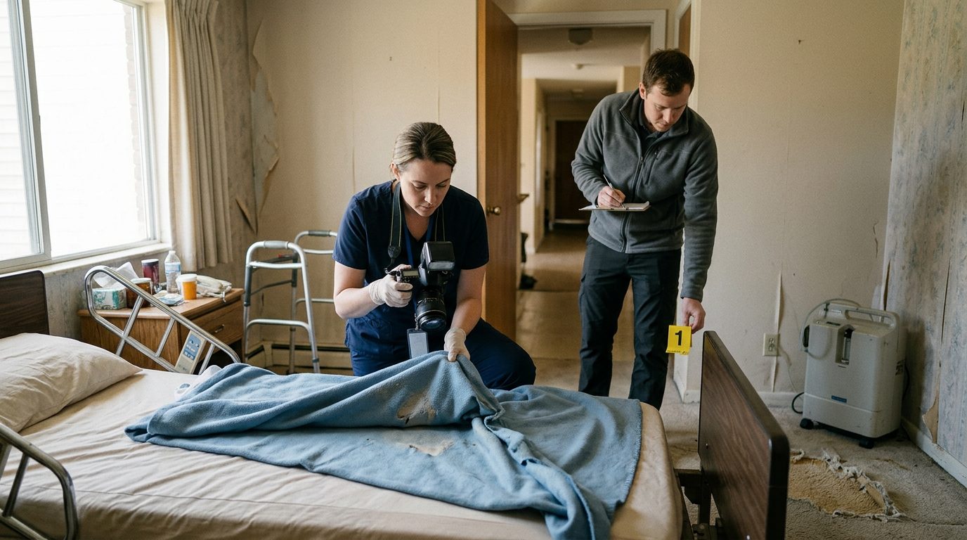 Investigators documenting neglect in a nursing home room with evidence markers and photographs.