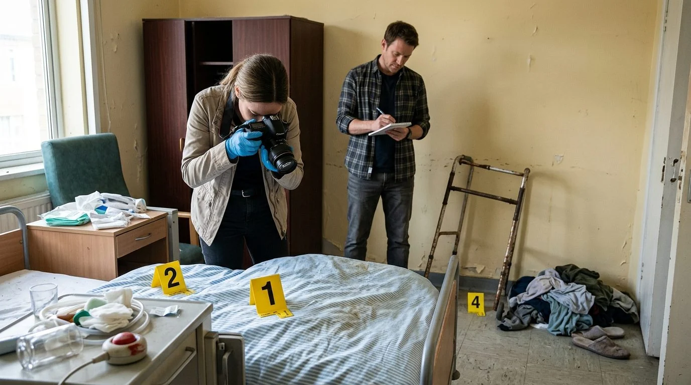 Investigators documenting neglect in nursing home room with evidence markers on bedding and medical equipment.