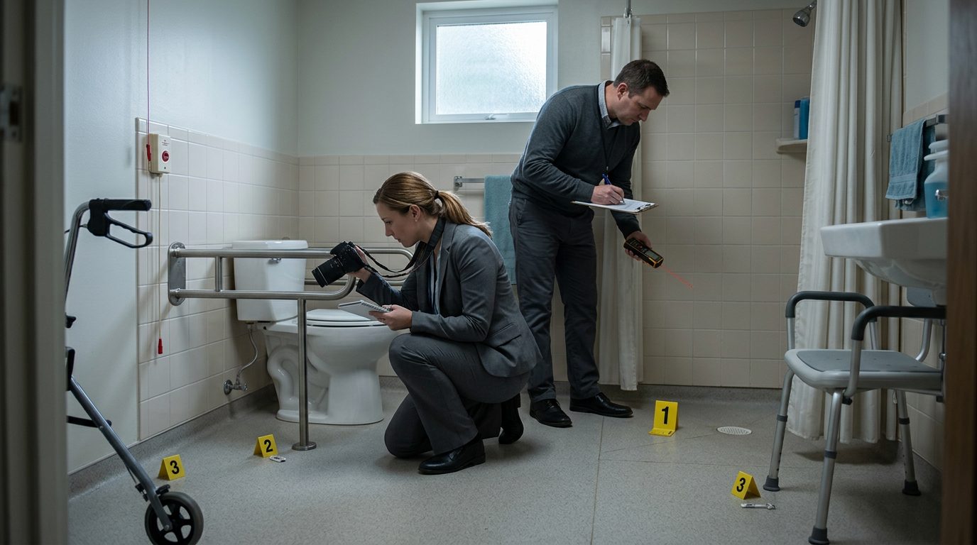 Investigators documenting nursing home bathroom conditions and fall prevention measures for safety compliance.
