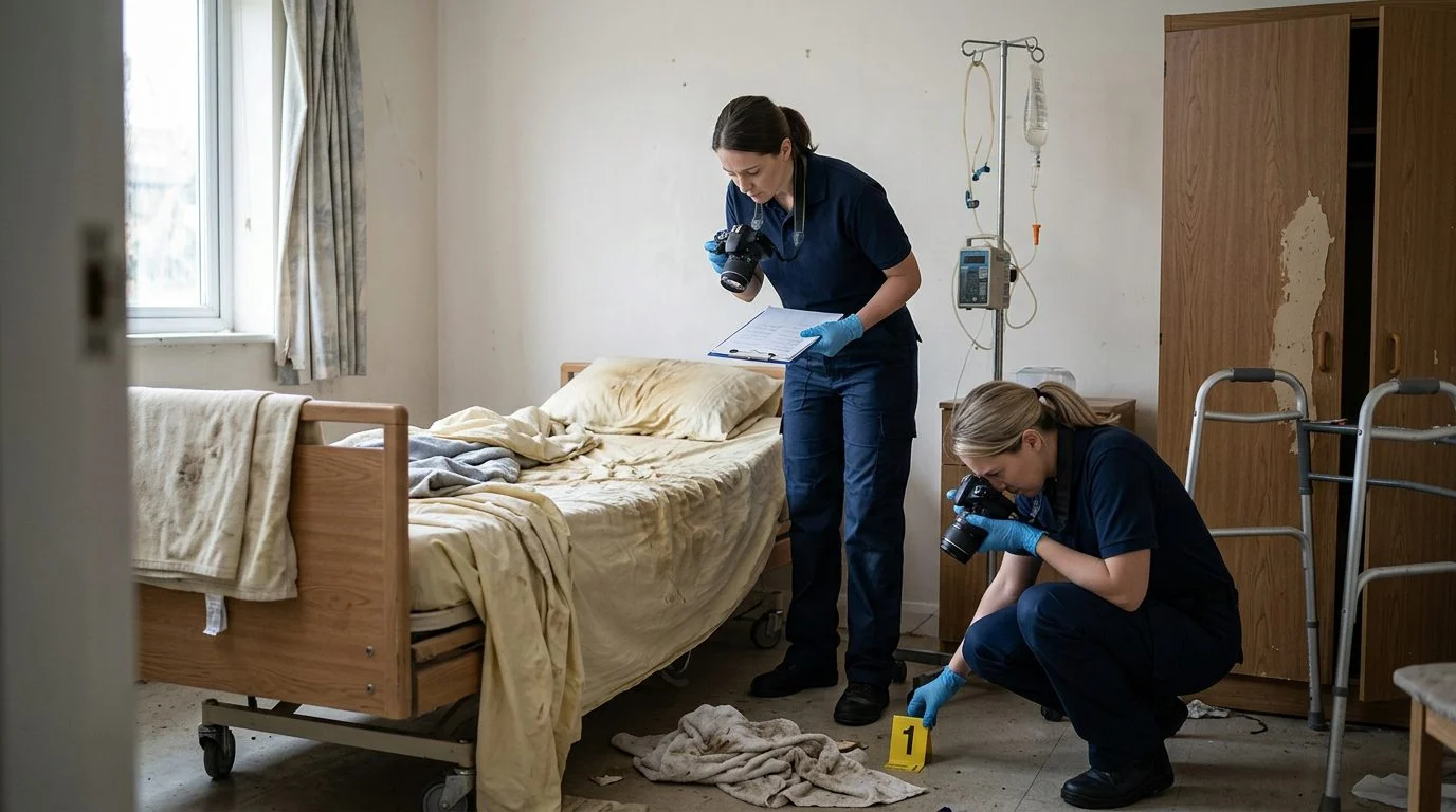 Investigators documenting nursing home neglect with evidence markers on bedding, hygiene, and medical equipment.