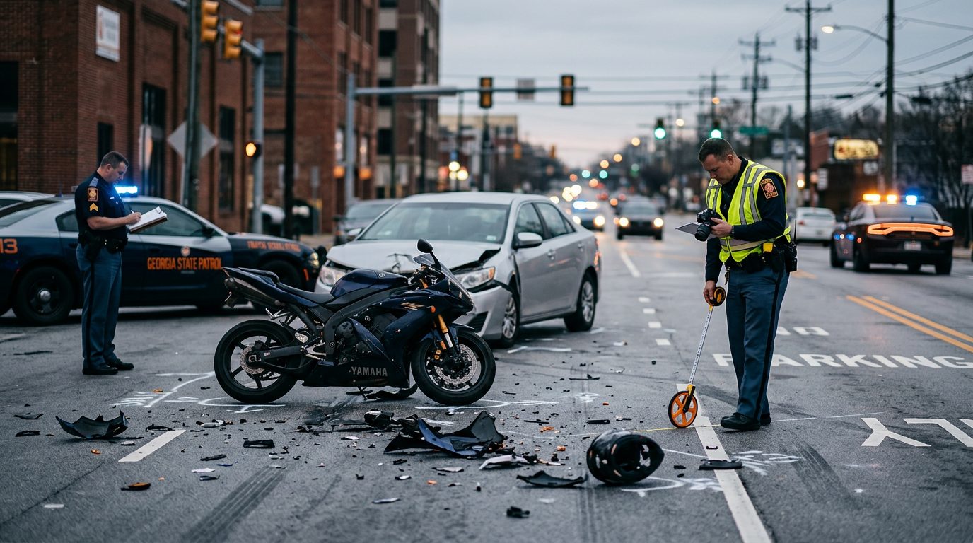 Motorcycle accident scene on city street with debris and investigators documenting collision.