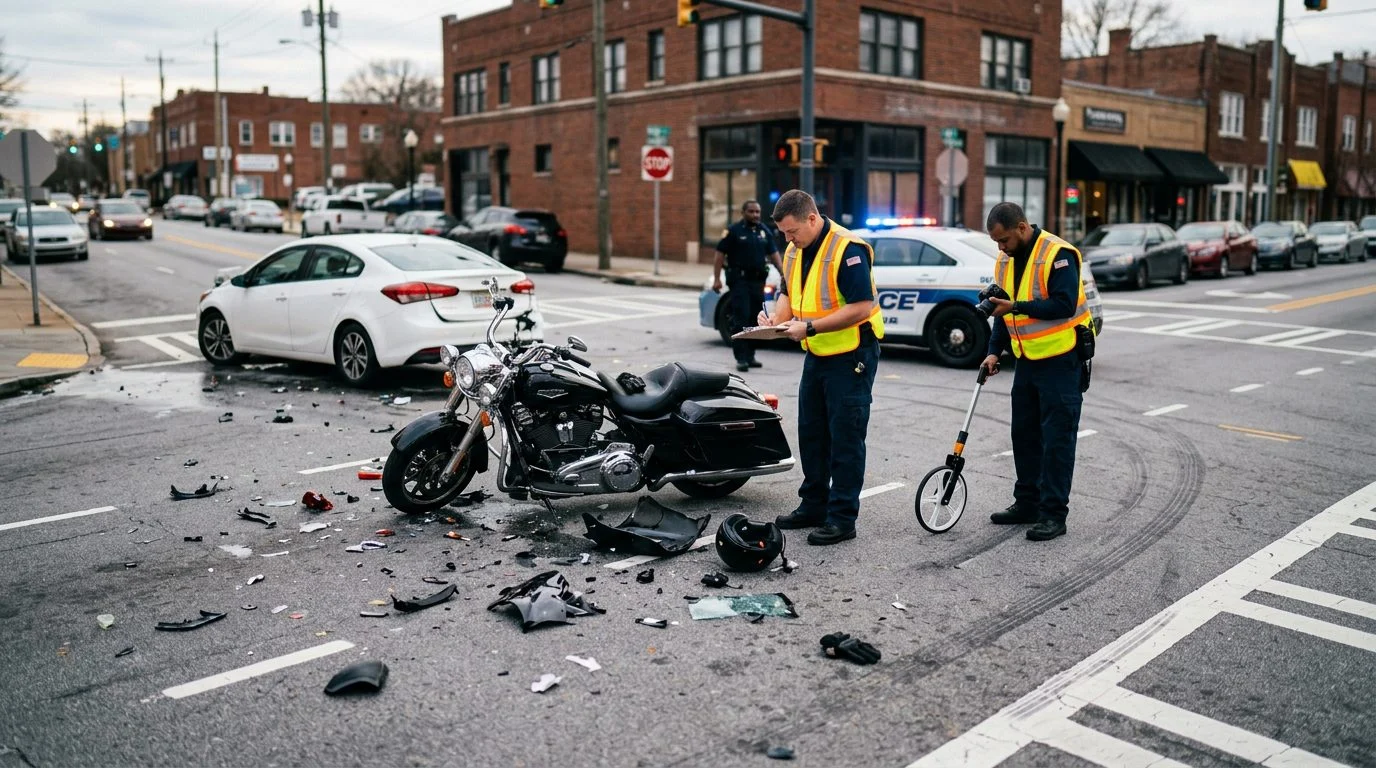 Motorcycle accident scene on city street with debris and investigators documenting collision.