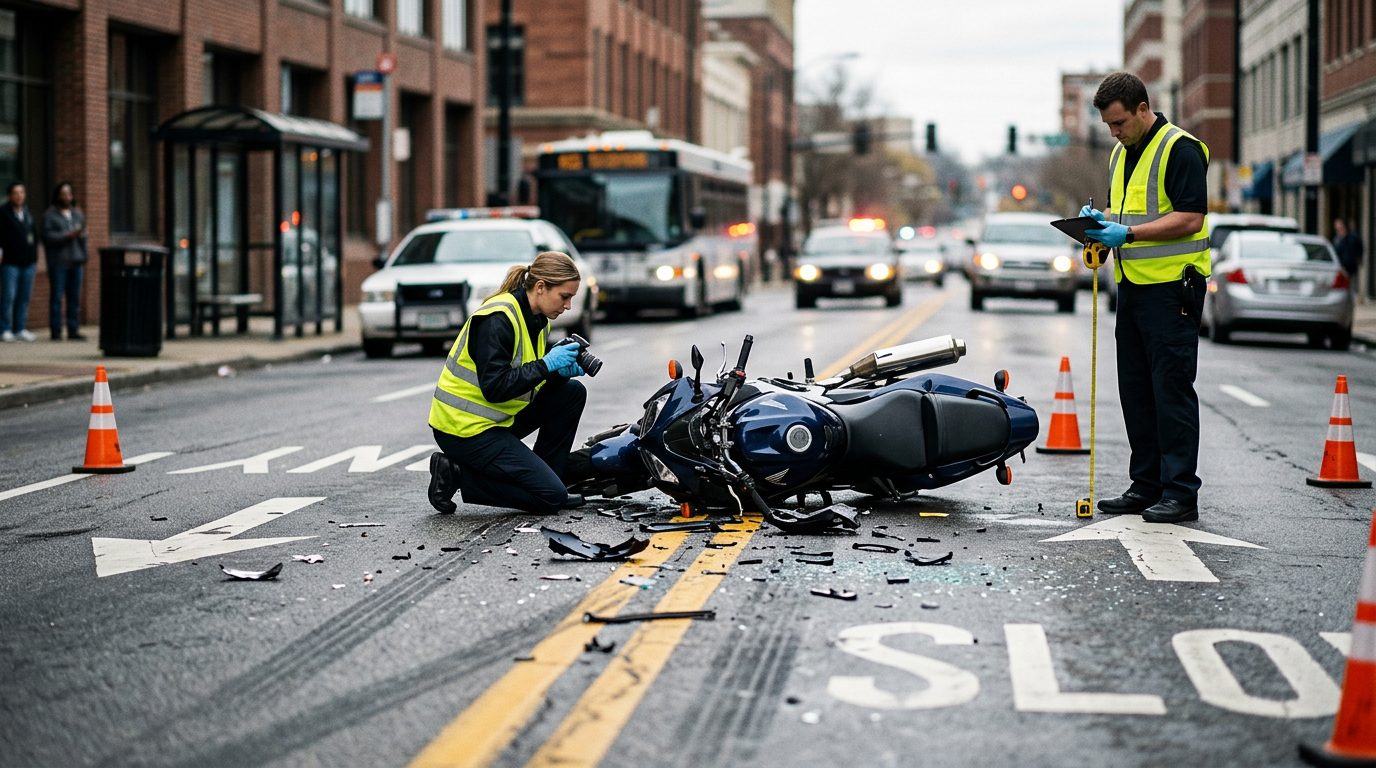 Motorcycle accident scene on city street with debris and investigators documenting the collision.