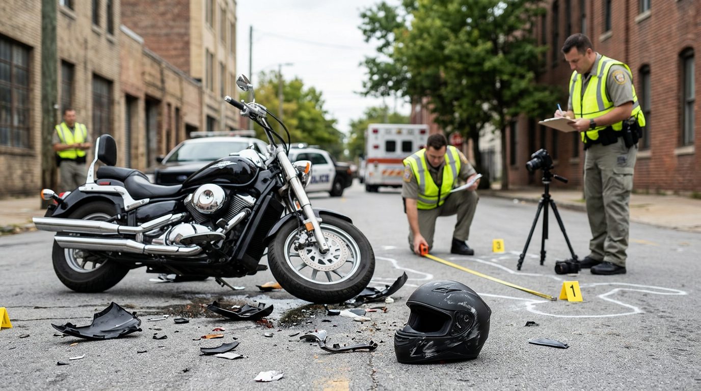 Motorcycle accident scene on city street with debris and investigators documenting collision.