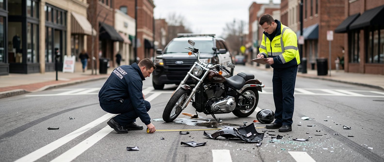 Motorcycle accident scene on city street with debris and investigators documenting the collision.