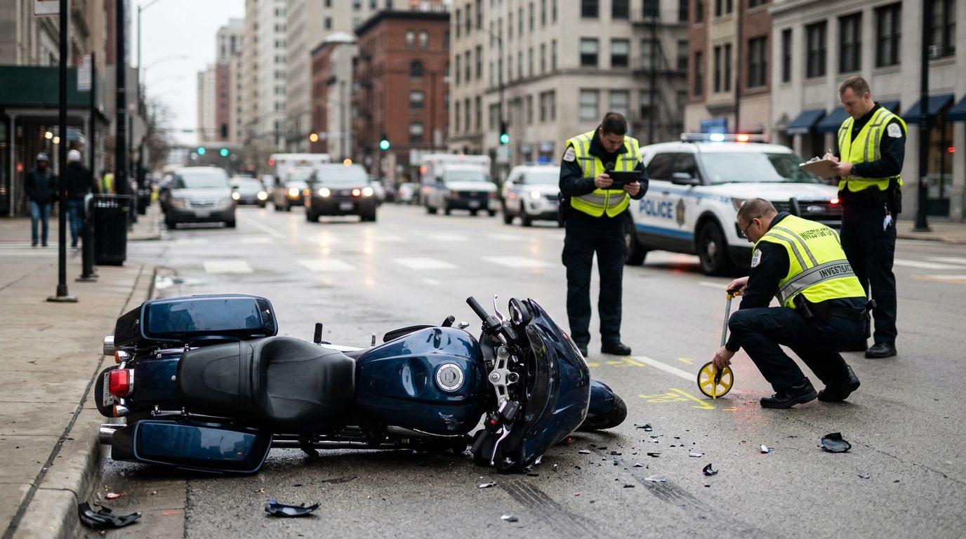 Motorcycle accident scene on city street with debris and investigators documenting the collision.