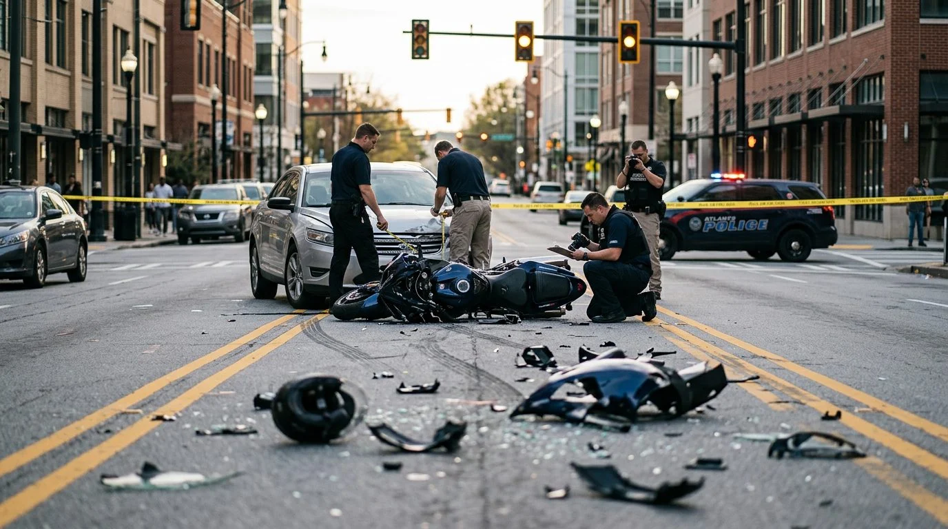 Motorcycle accident scene on city street with debris and investigators documenting collision.
