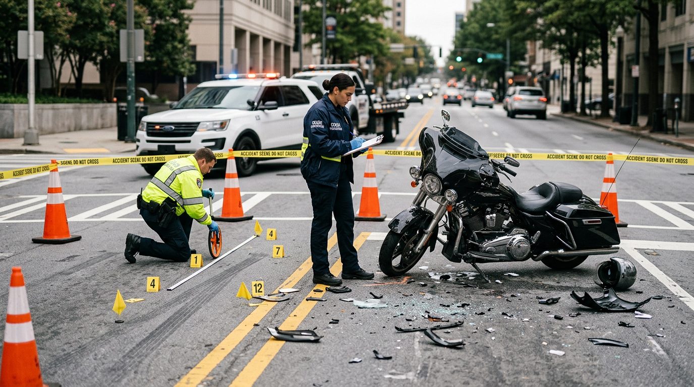 Motorcycle accident scene on city street with debris and investigators documenting collision.