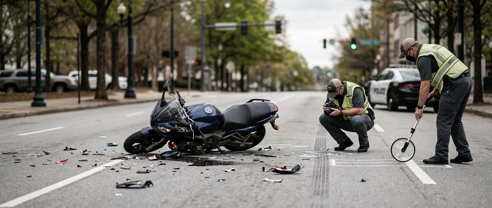 Escena de accidente de motocicleta en una calle urbana, con restos en el pavimento y agentes documentando el choque.