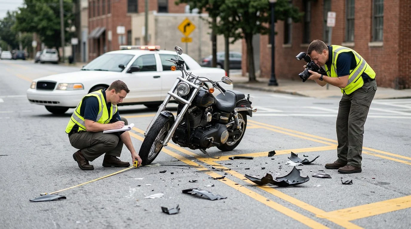 Motorcycle accident scene on city street with debris and investigators documenting collision.