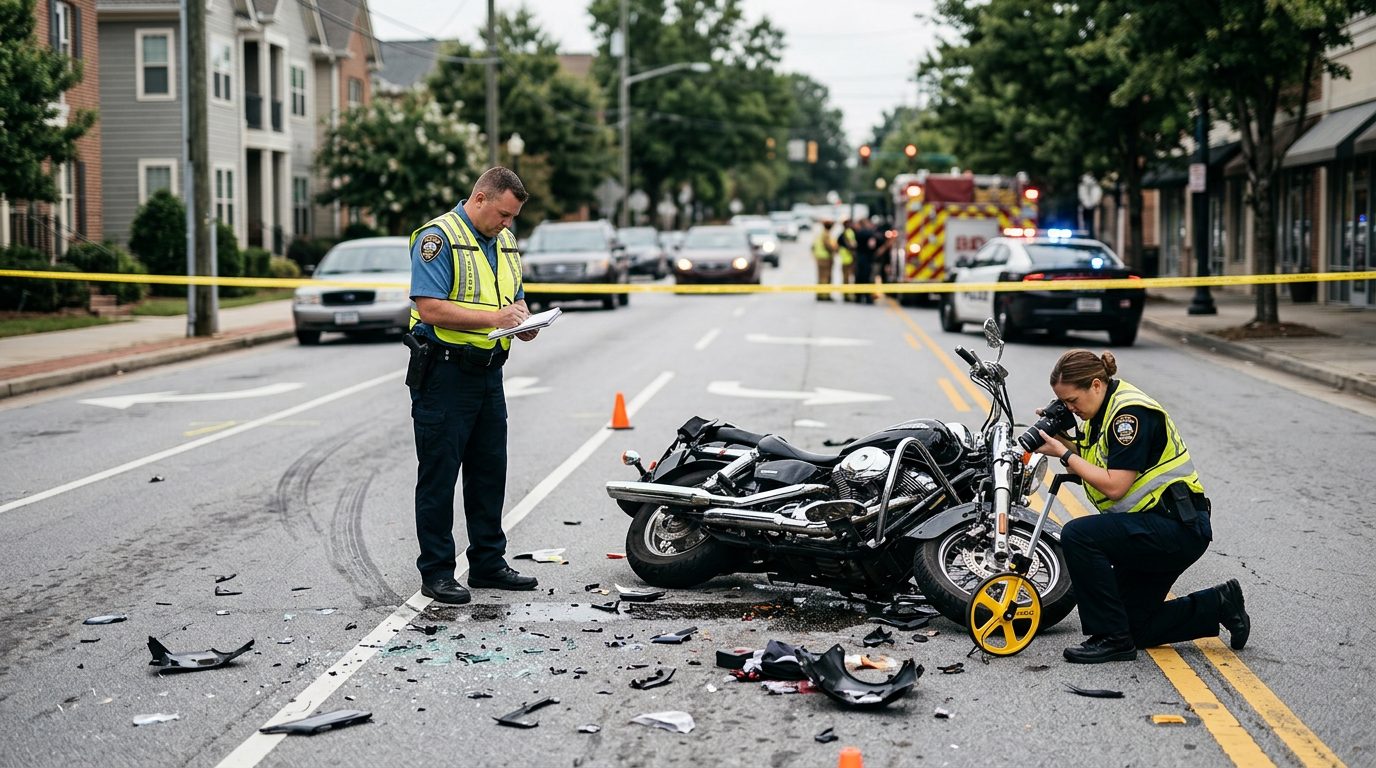 Motorcycle accident scene on city street with debris and investigators documenting collision.