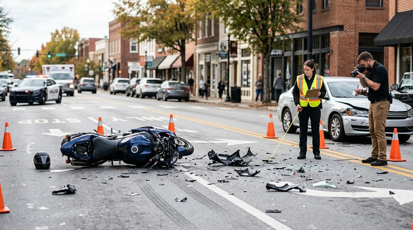 Motorcycle accident scene on city street with debris and investigators documenting collision.