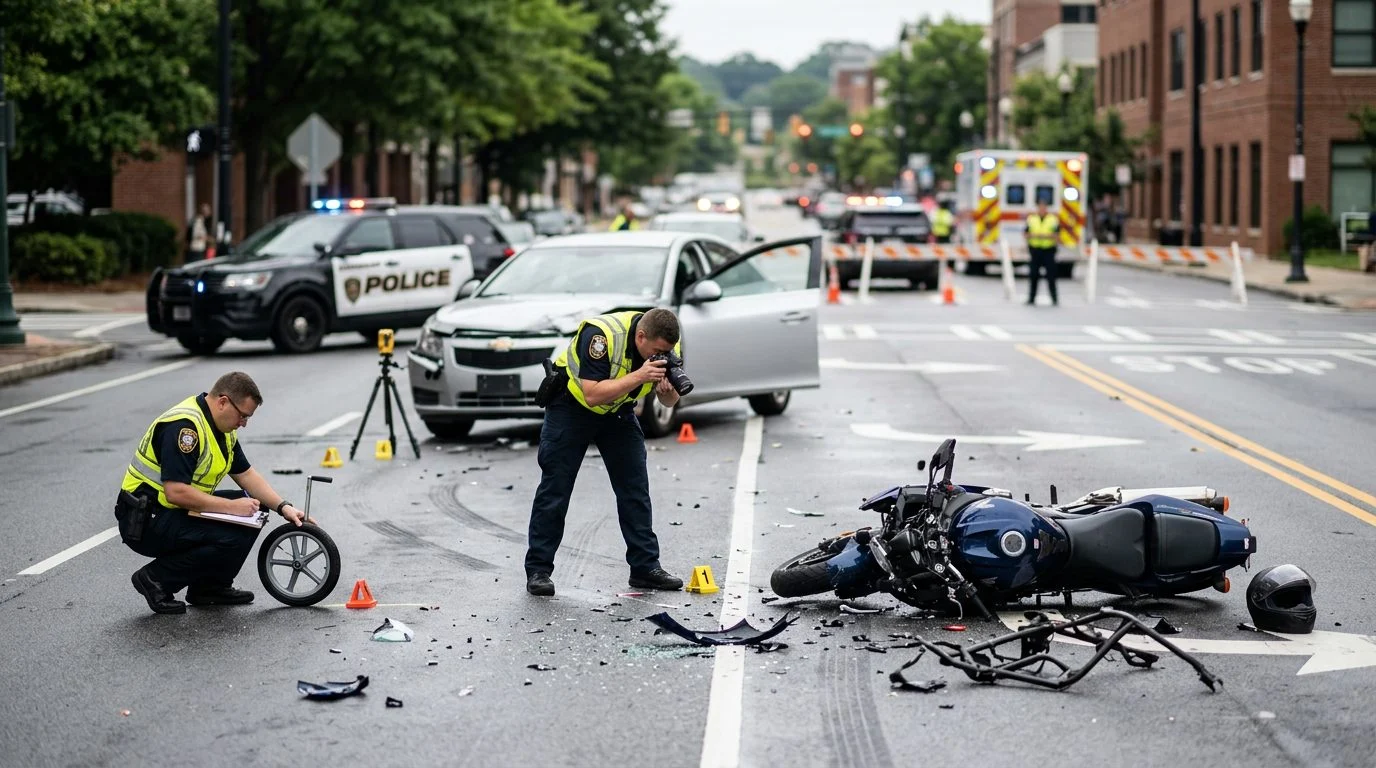 Motorcycle accident scene on city street with debris and investigators documenting collision.