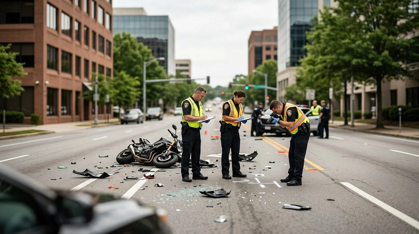 Motorcycle accident scene on city street with debris and investigators documenting collision.