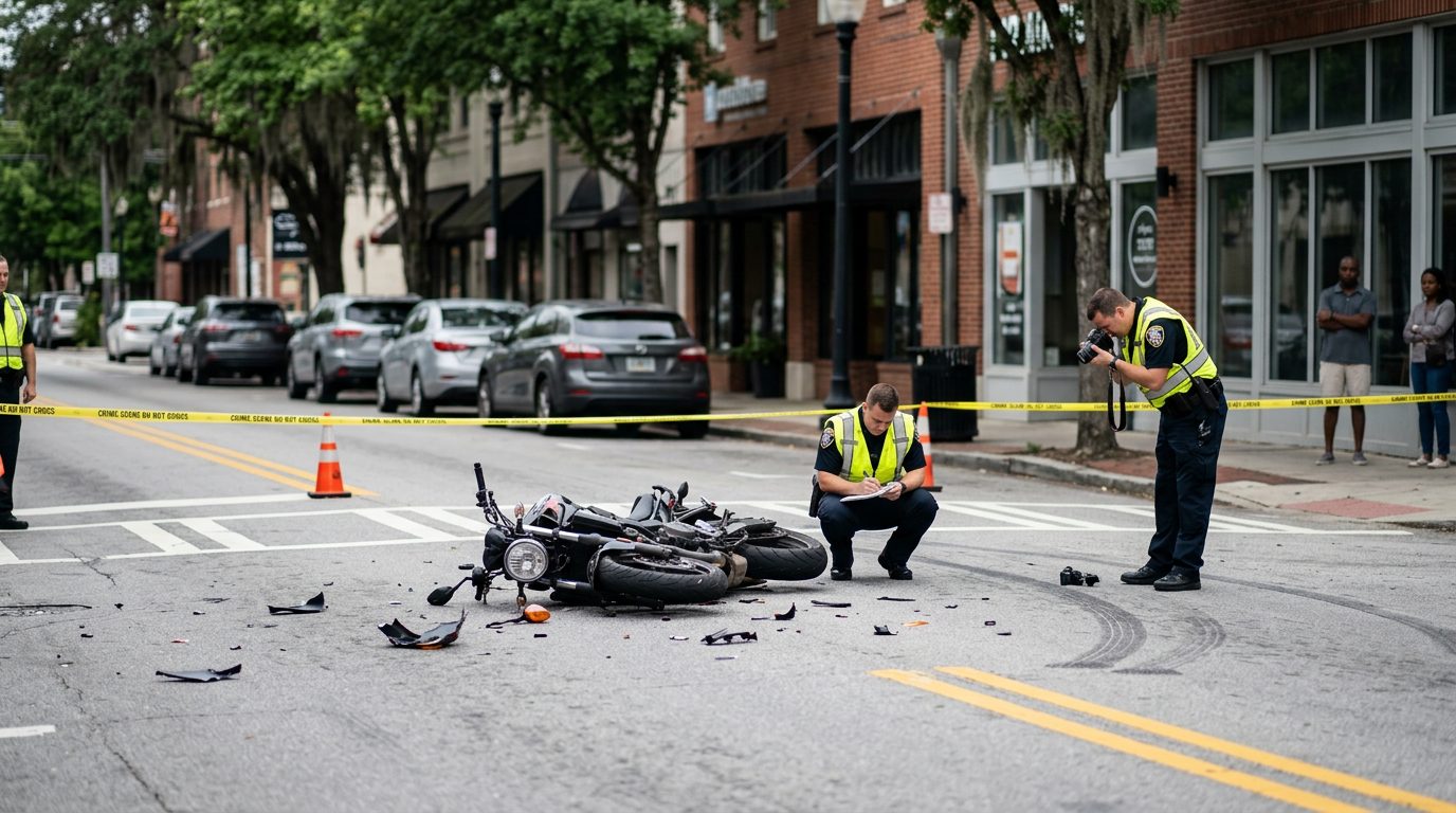 Motorcycle accident scene on city street with debris and investigators documenting collision.