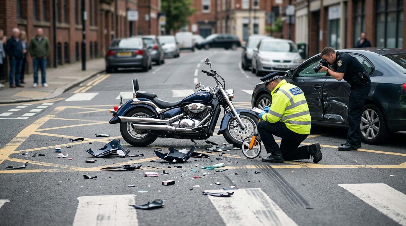 Motorcycle accident scene on city street with debris and investigators documenting collision.