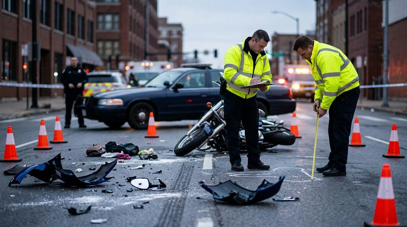 Motorcycle accident scene with debris and investigators on city street.