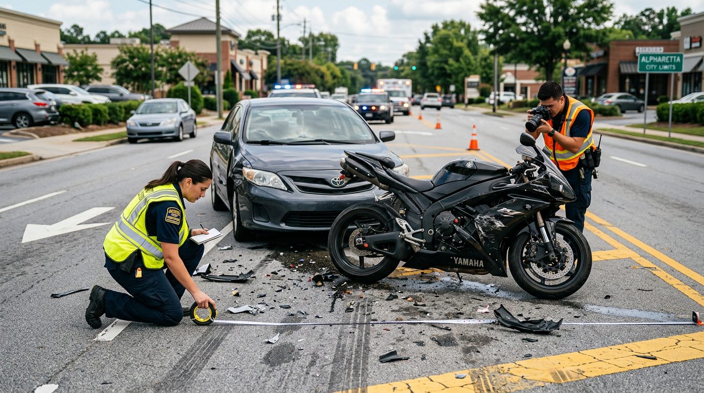 Motorcycle accident scene with debris and investigators on city street.