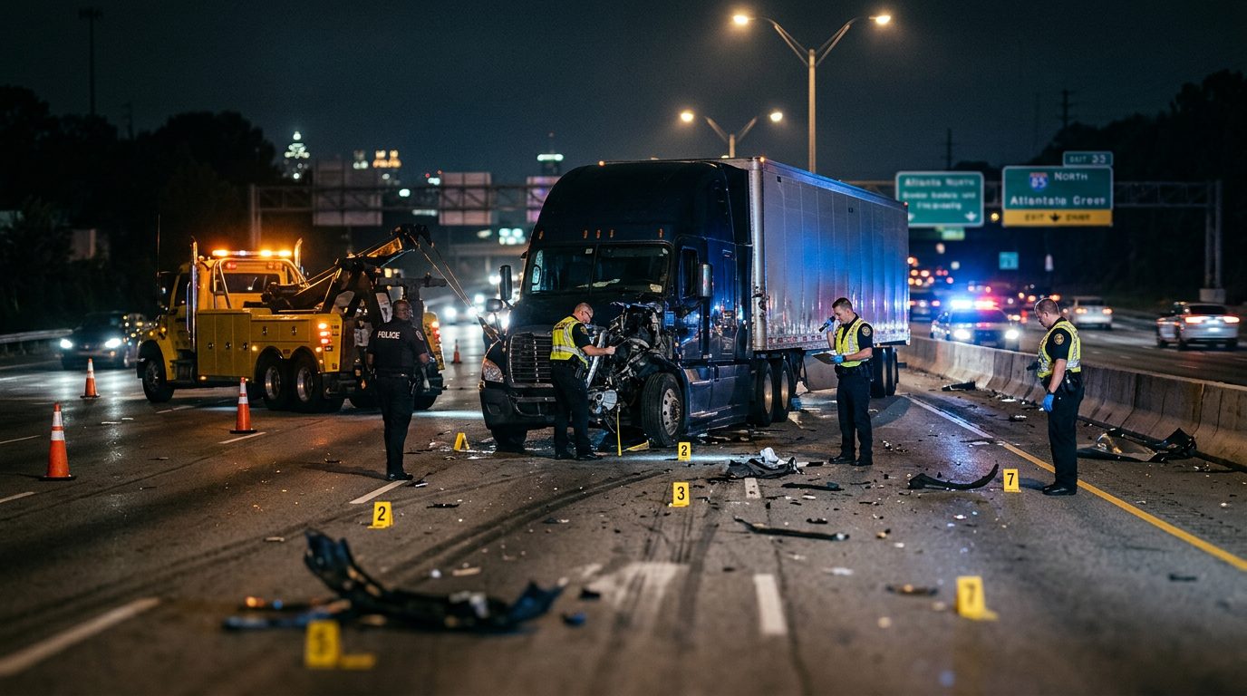 Nighttime highway accident scene with commercial truck, police officers, and evidence markers.