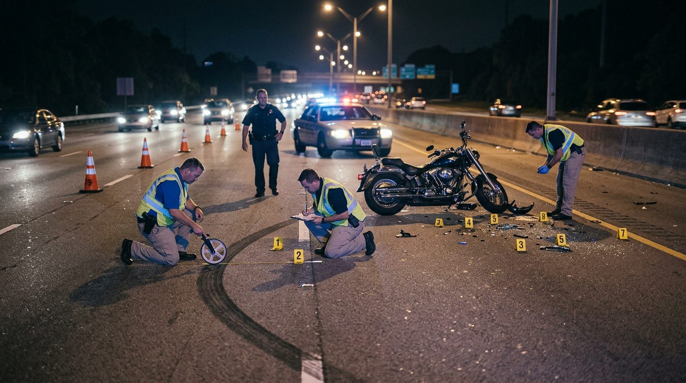 Nighttime motorcycle accident scene with police officers investigating skid marks and debris on a multi-lane road.