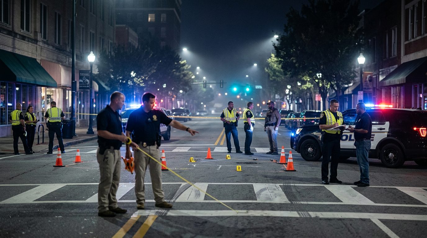 Nighttime street accident scene with police officers, evidence markers, and investigators measuring skid marks.