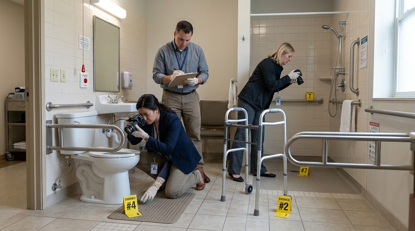 Nursing home bathroom with investigators documenting fall hazards and safety equipment.