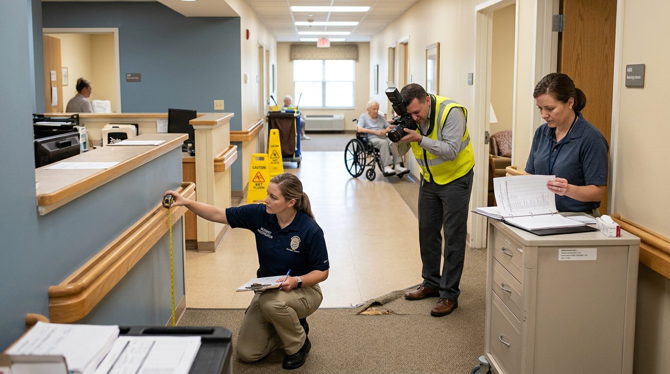 Nursing home hallway with investigators documenting safety hazards and handrail conditions.