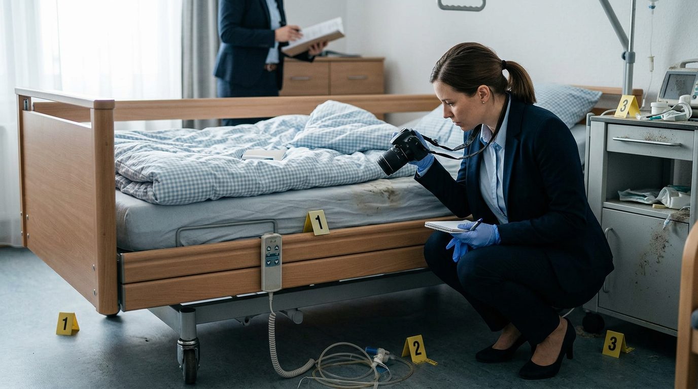 Nursing home investigator documenting neglect conditions and pressure ulcer evidence in resident room.