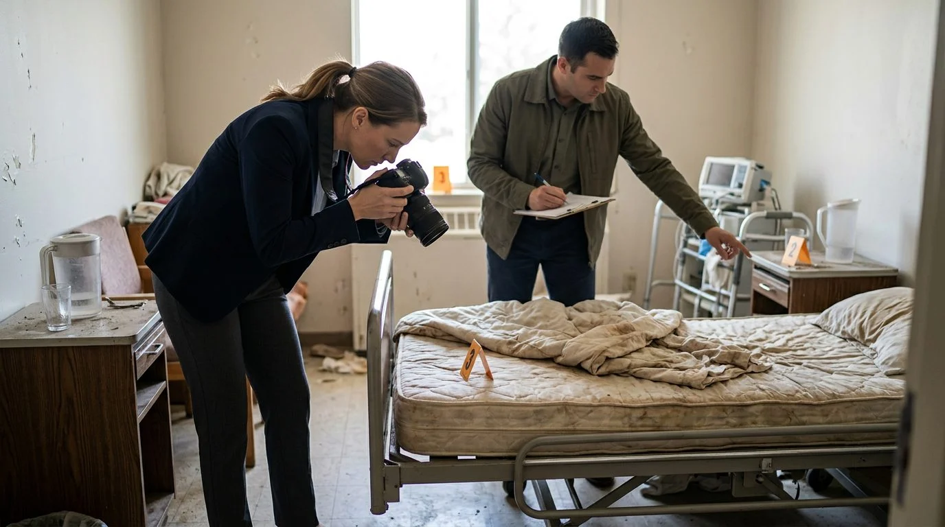 Nursing home room with investigators documenting neglect evidence and conditions.