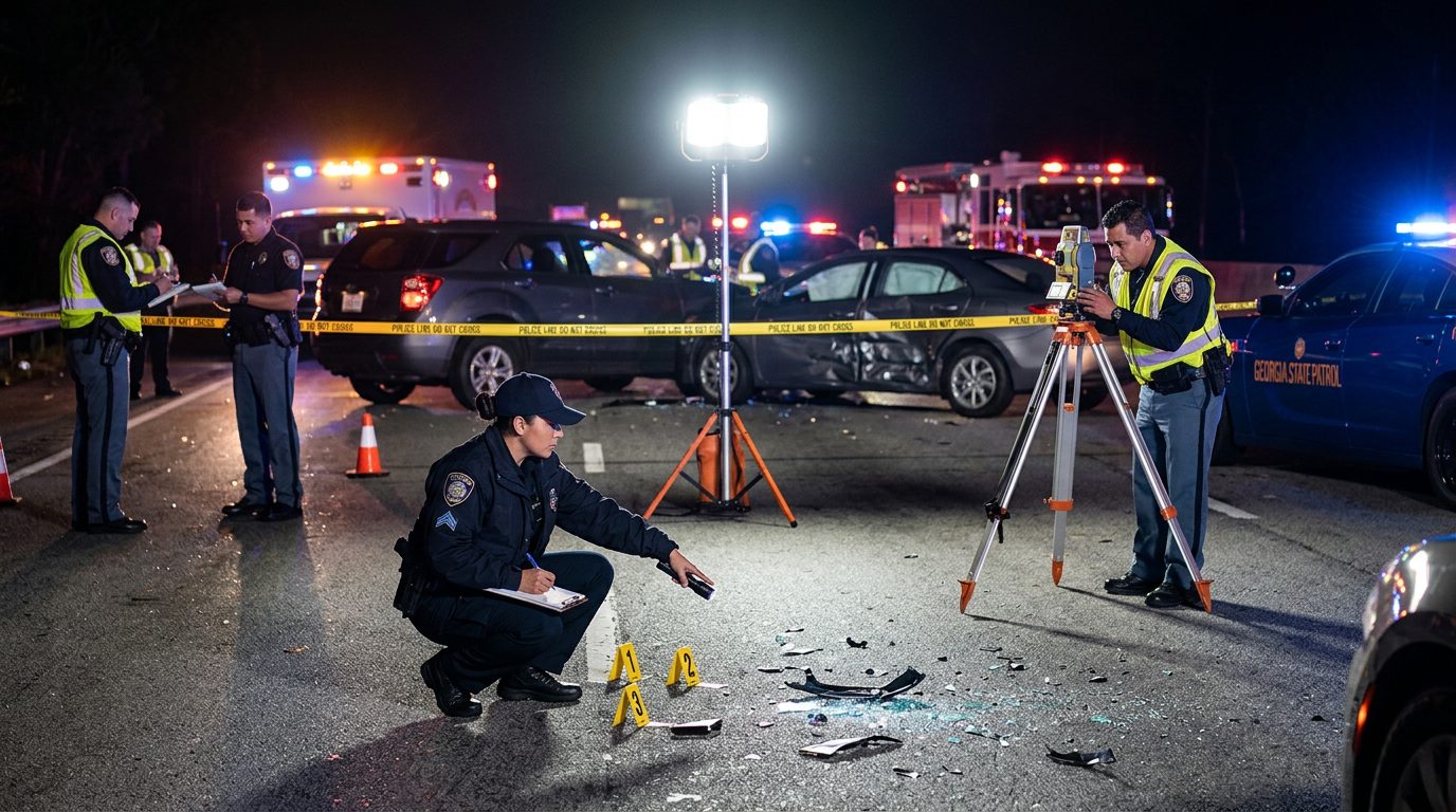 Oficial de policía investigando accidente vehicular nocturno con equipo de reconstrucción y evidencia marcada.