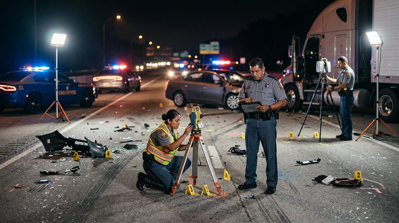 Oficiales de policía investigan un accidente vehicular nocturno con equipo de reconstrucción y evidencia marcada.