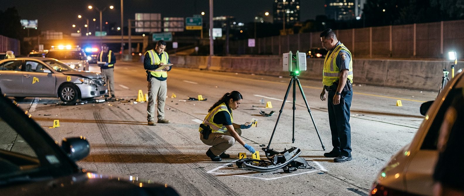 Oficiales de policía investigando accidente vehicular nocturno con equipo de reconstrucción y escombros marcados.