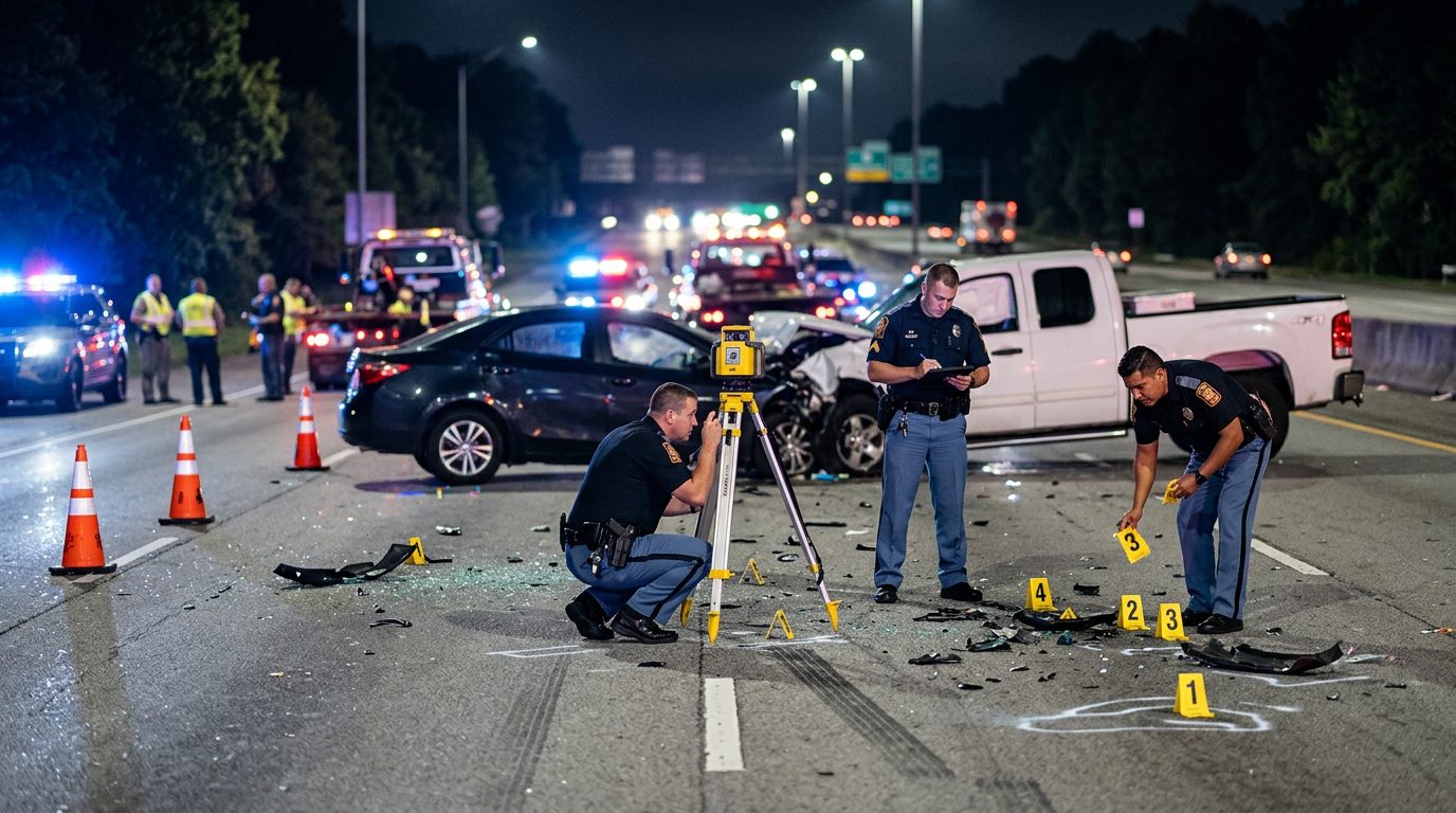 Oficiales de policía investigando accidente vehicular nocturno con equipo de reconstrucción y evidencia marcada.